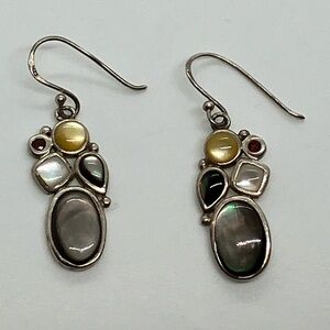 Vtg 925 Sterling Silver Multi Colour MOP & Garnet Accent Dangle Earrings